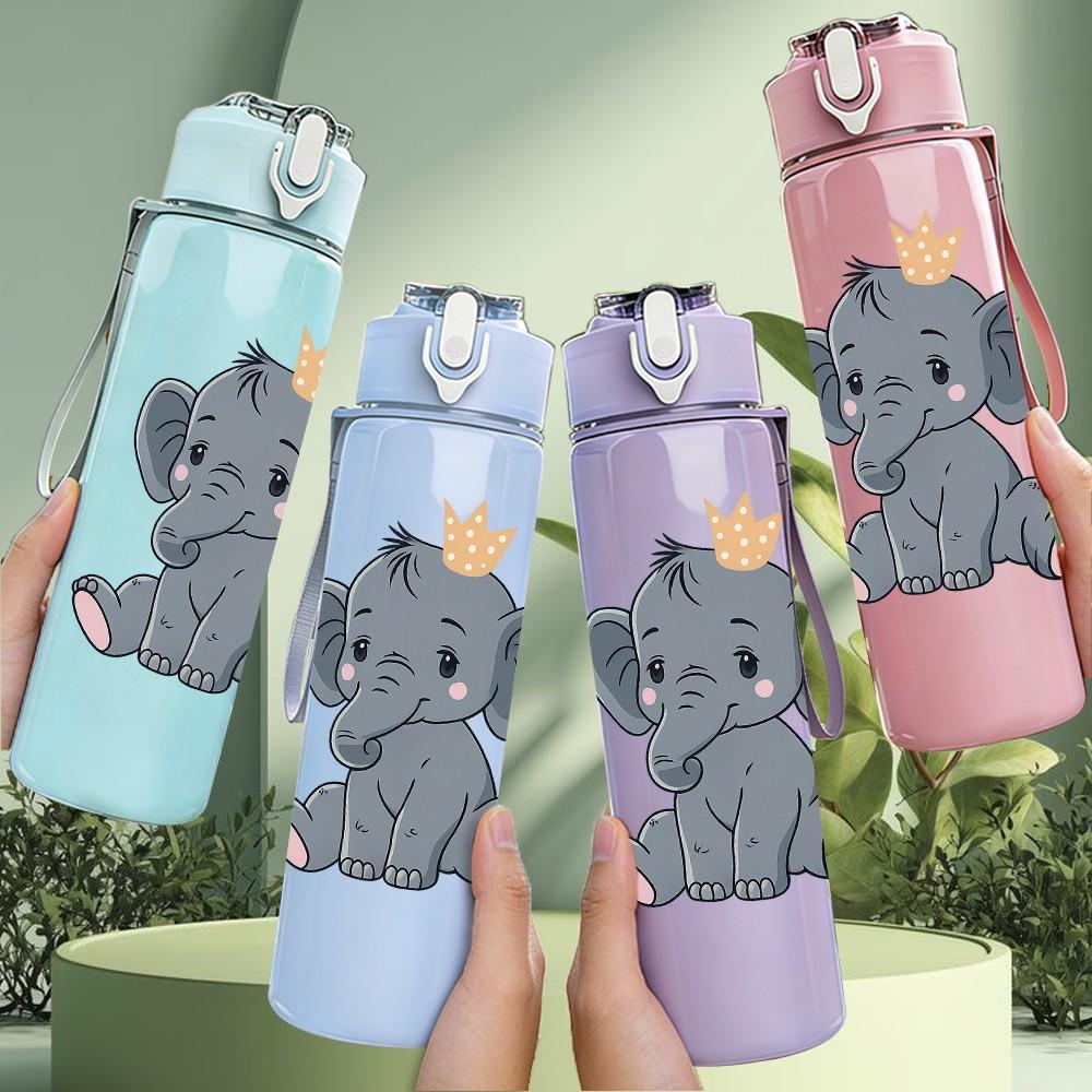 1PC Cute Baby Elephant Cartoon Print 750ml Color Plastic Sports Water Bottle Leakproof Flip Straw Lid Suitable for Sports Office Home Use