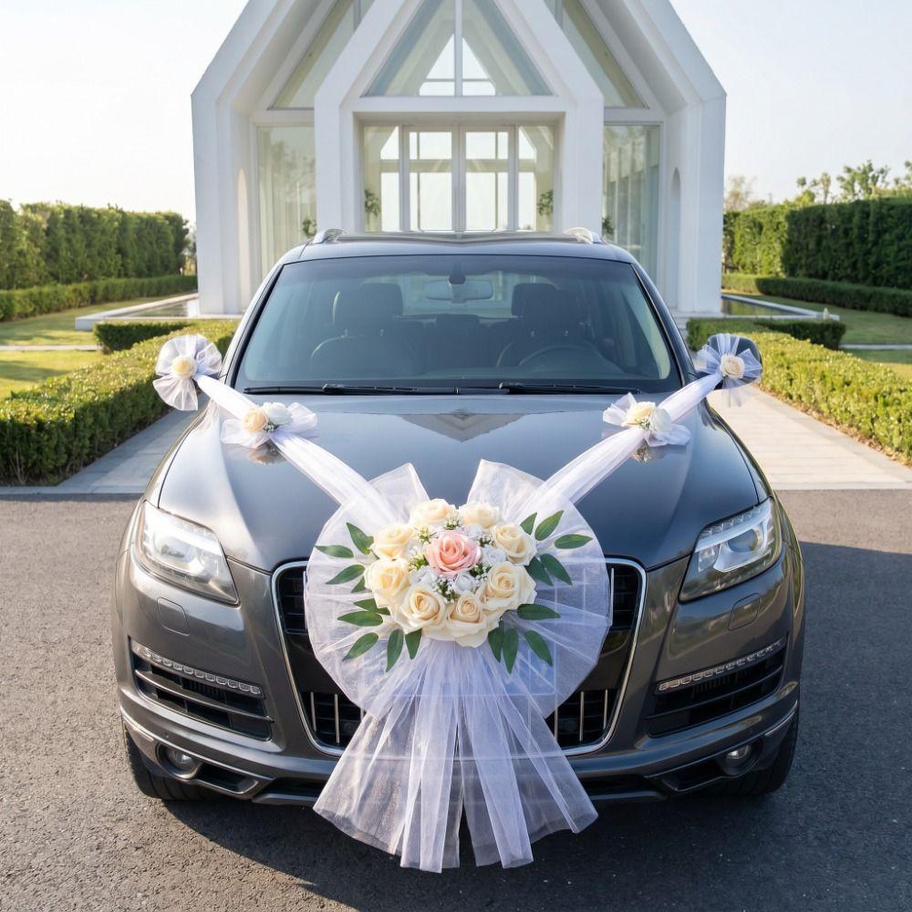 Decorazione per Auto Nuziale Senza Pollini Nastro di Garza Multicolore per Auto Fiocco 'Just Married'