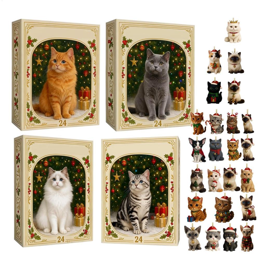 24Pcs 2D Acrylic Cute Kitten Advent Calendar 24 Days Christmas Countdown Xmas Tree Decor Advent Calendar for Cat Lovers Gifts