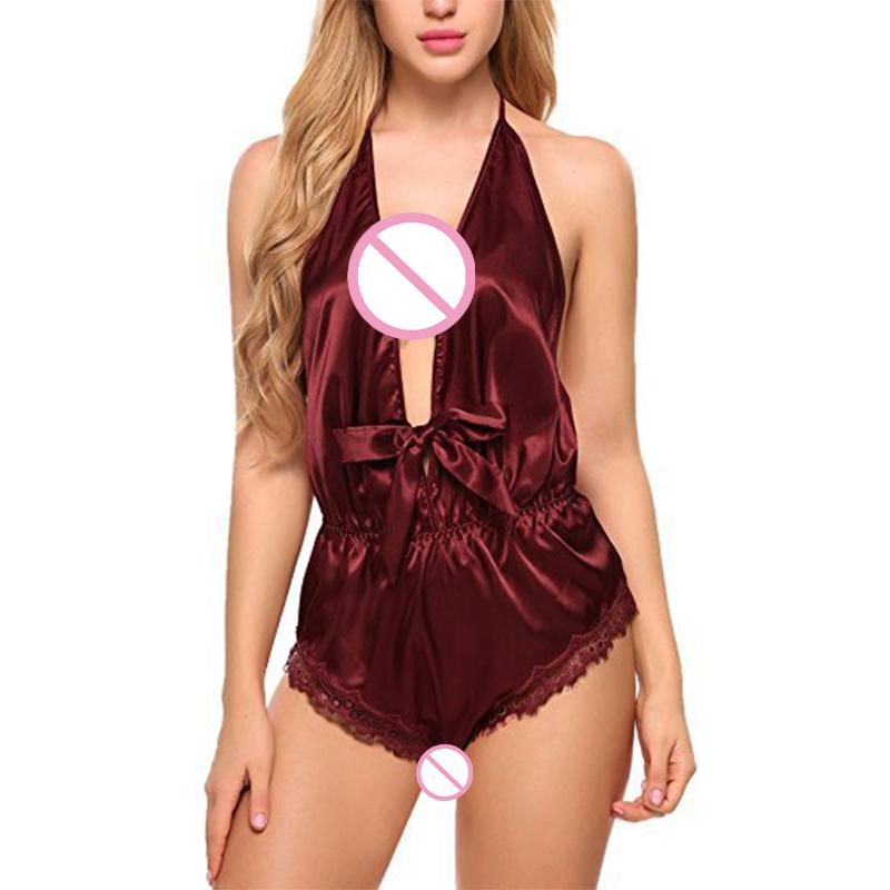 1Pc Sexy Silk Feeling Underwear Deep V Backless Neck Hanging Smooth Simulation Silk Sexy Nightgown Home Wear
