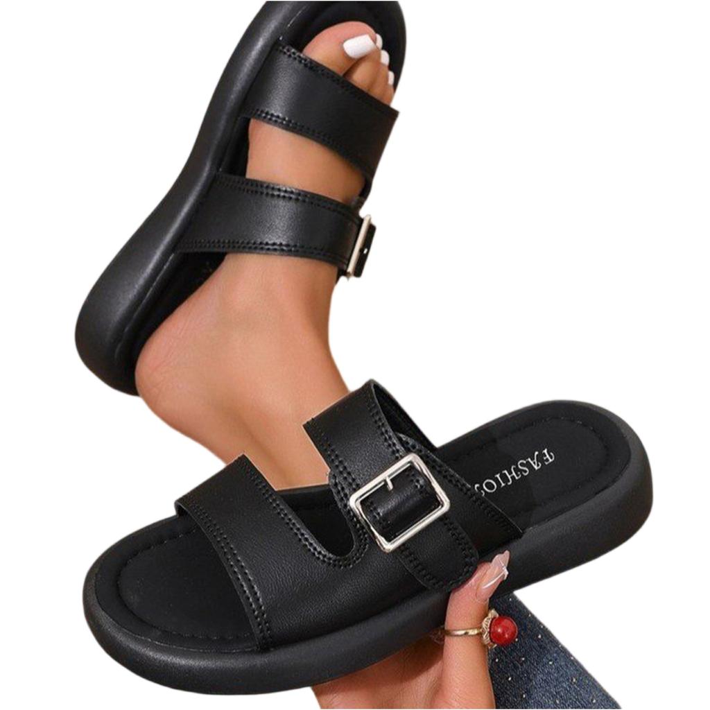 Women's Open Toe Casual Flat Slide Sandals Adjustable Buckle Thick Sole Summer Slip On Comfort Footwear