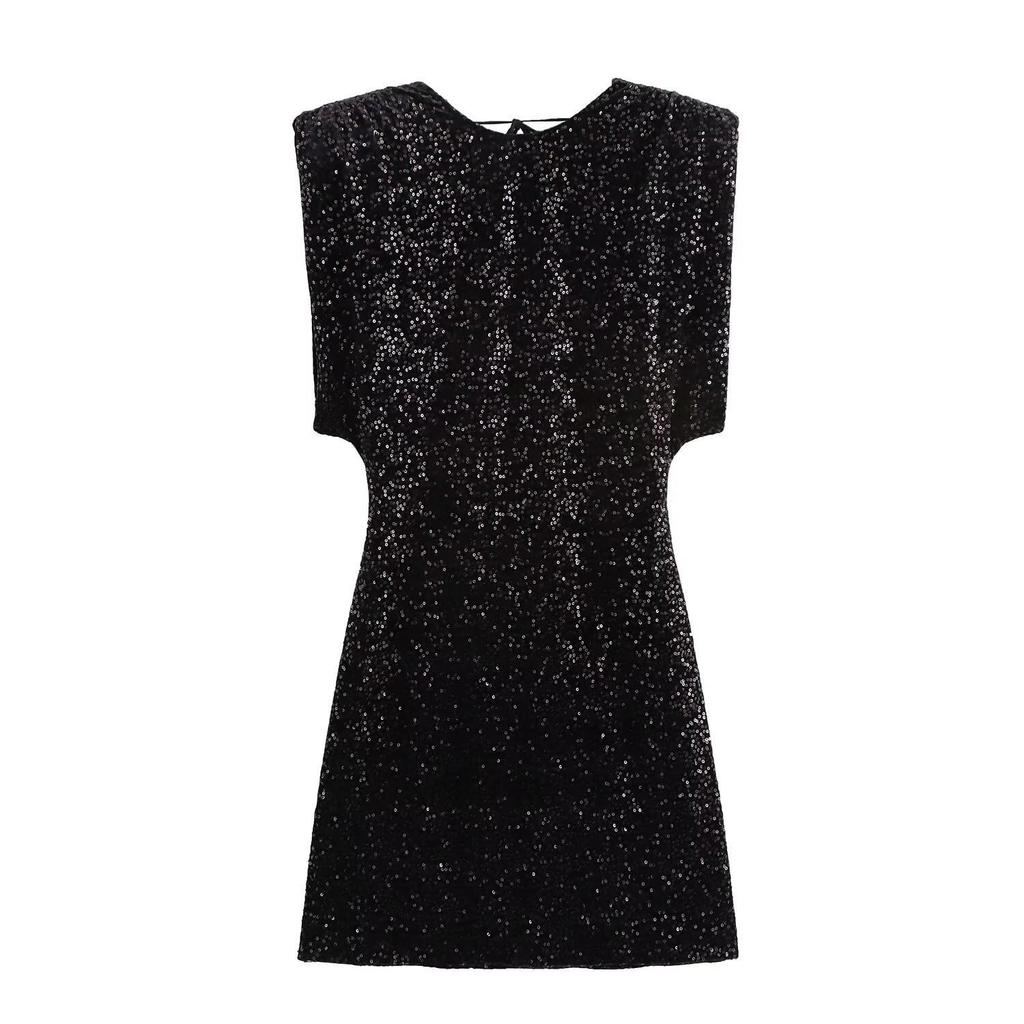 European Style 2026 Women's Sequined Evening Gown - Elegant, Padded Shoulders, Slim Fit, Sexy Beaded Design.