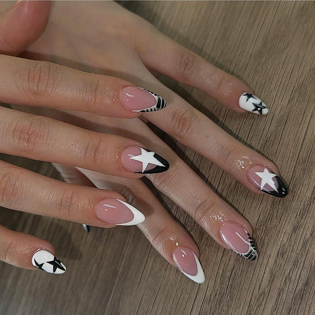 24 Pcs French Tip Press On Nail Almond Shape False Nail Stars Acrylic Nail Glossy Full Cover Stick On Nail