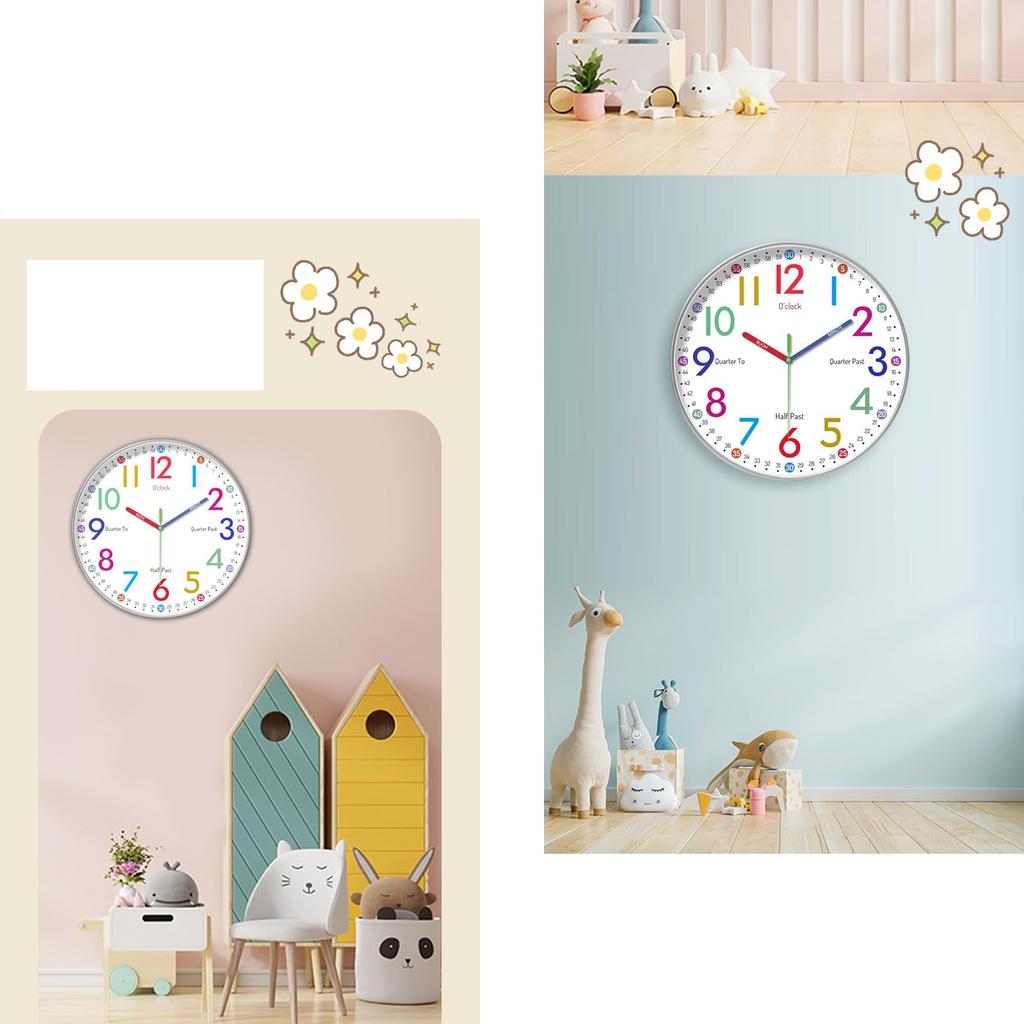 Educational Silent Wall Clock, Colorful Numbers, HD Glass, 25cm, Silent Design, Suitable for Bedrooms and Offices, with Accurate Timekeeping Function