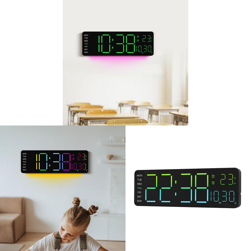 Modern Digital Wall Clock With Rgb Led Light Night Glow For Living Room Decor