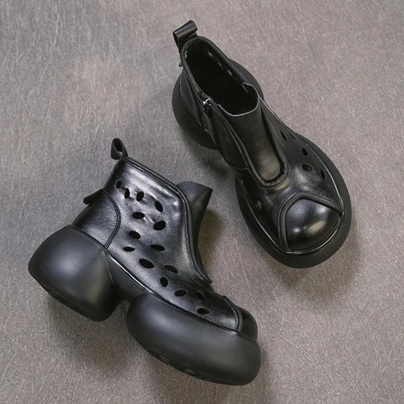 Johnature Genuine Leather Round Toe Hollow-out Thick Soled Boots Retro High Heels Women's Platform Shoes