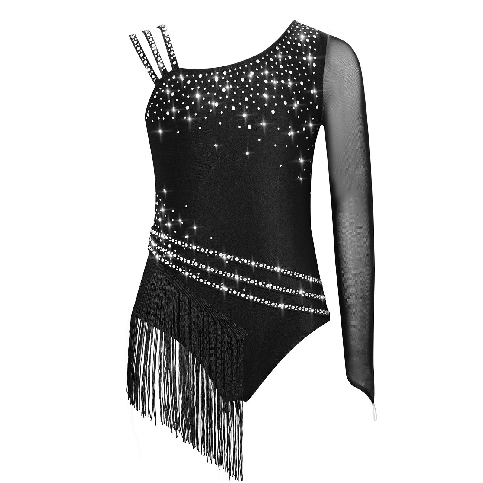 Inlzdz Meisjes glitterend strass franje leotard body met onregelmatige kwastjes voor schaatsen danswedstrijden 15-16 Years
