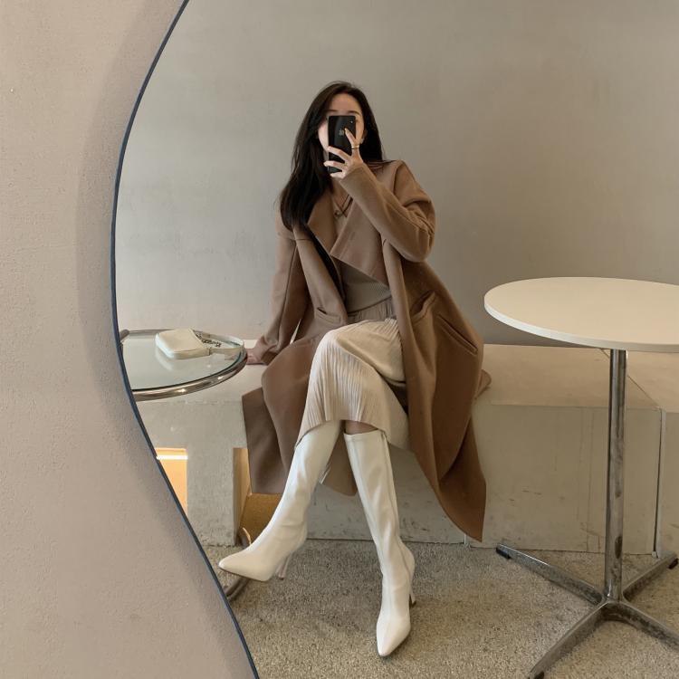 ins niche design! Show long legs! Korean square head high elastic boots, super high heel but knee thin boots