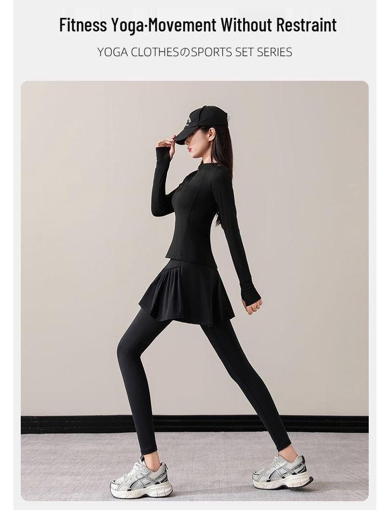 Women's Small Yoga & Fitness Set: Half-Zip Long Sleeve Top, Skirt, and Pants for Spring & Autumn