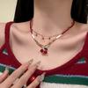 Naszyjnik z wisiorkiem wiśniowym, Podwójny delikatny naszyjnik, Cienki łańcuszek choker, Naszyjnik z czerwonym koralikiem słodka wiśnia, Biżuteria prezent dla kobiet dziewcząt