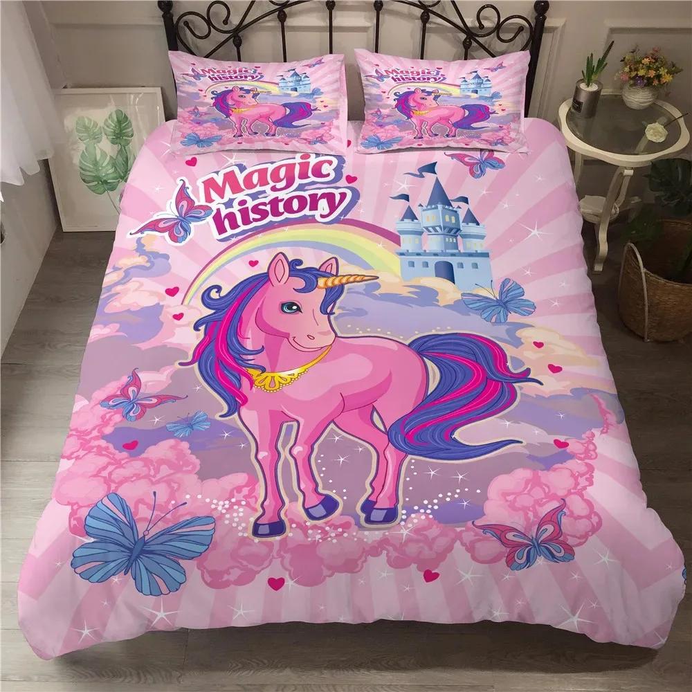 Cute Unicorn Duvet Cover Set Girly Pink Castle Bedding Set Single Twin Size For Princess Girl Dedicated Bedroom Decor Bedclothes