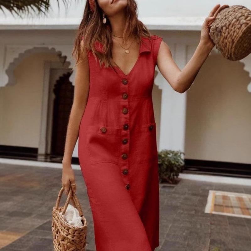 V-neck Single Breasted Nail Buckle Dress