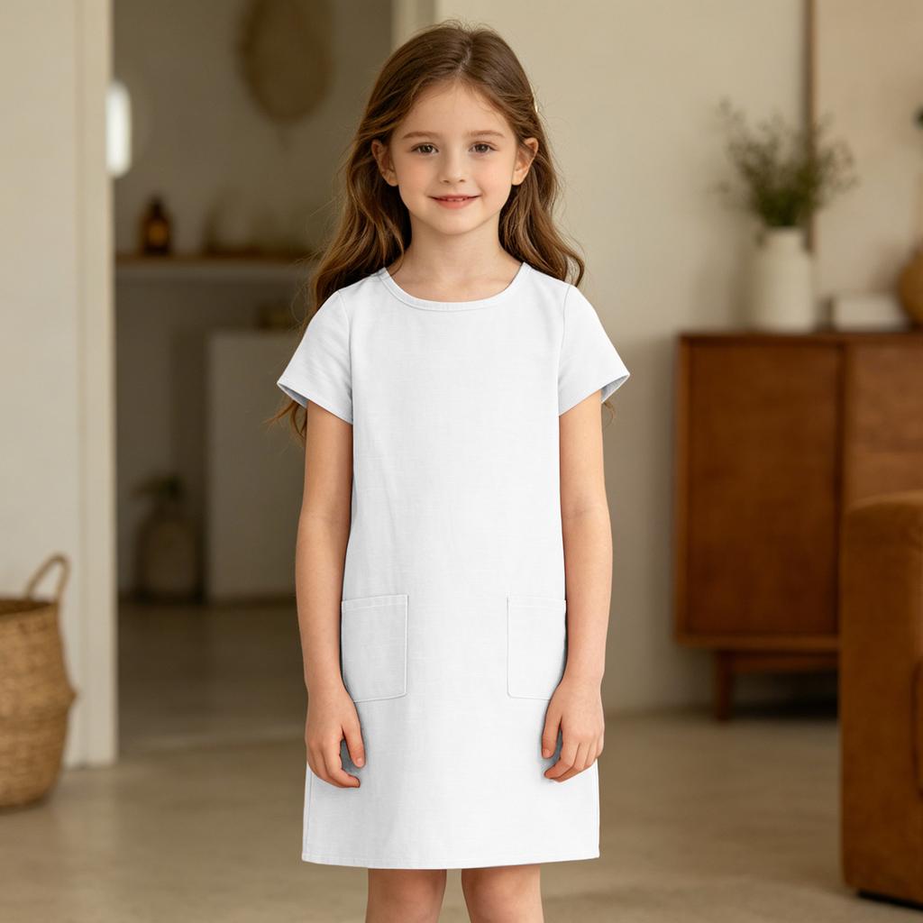 Girls Casual Dress Summer Linen Cotton Blend Short Sleeve Pockets Straight Cut Comfortable Lightweight Dress for Everyday Wear