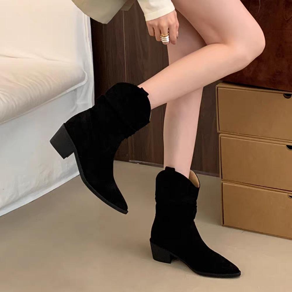 

New 2026 Women s Autumn Winter Ankle Boots Cow Suede Leather Shoes for Women Pointed Toe Short Boots Chunky Shoes Western Boots 41 чорний