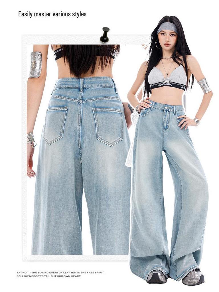 Versatile Loose Wide-Leg Denim Women's Pants - Slimming, Comfortable, Casual, Tall-Lengthening Patchwork for Spring