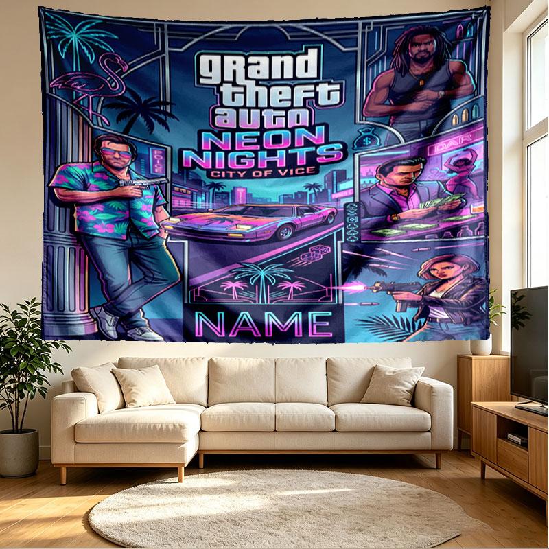 Custom Name Personalized Grand Theft Auto Print Tapestry, Wall Art Decor, Bedroom, Dorm, Apartment, LivingRoom, Party Backdrop, Gift for Birthday