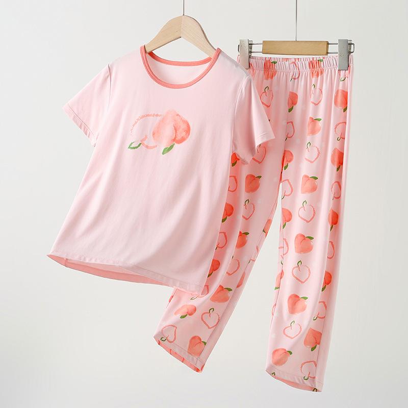 Wiosenno-letni bawełniany zestaw piżamy dla dziewczynek klasy A: Uroczy, Domowy Strój z Okrągłym Dekoltem dla Średniego Dziecka - Jesienne Spodnie w Zestawie