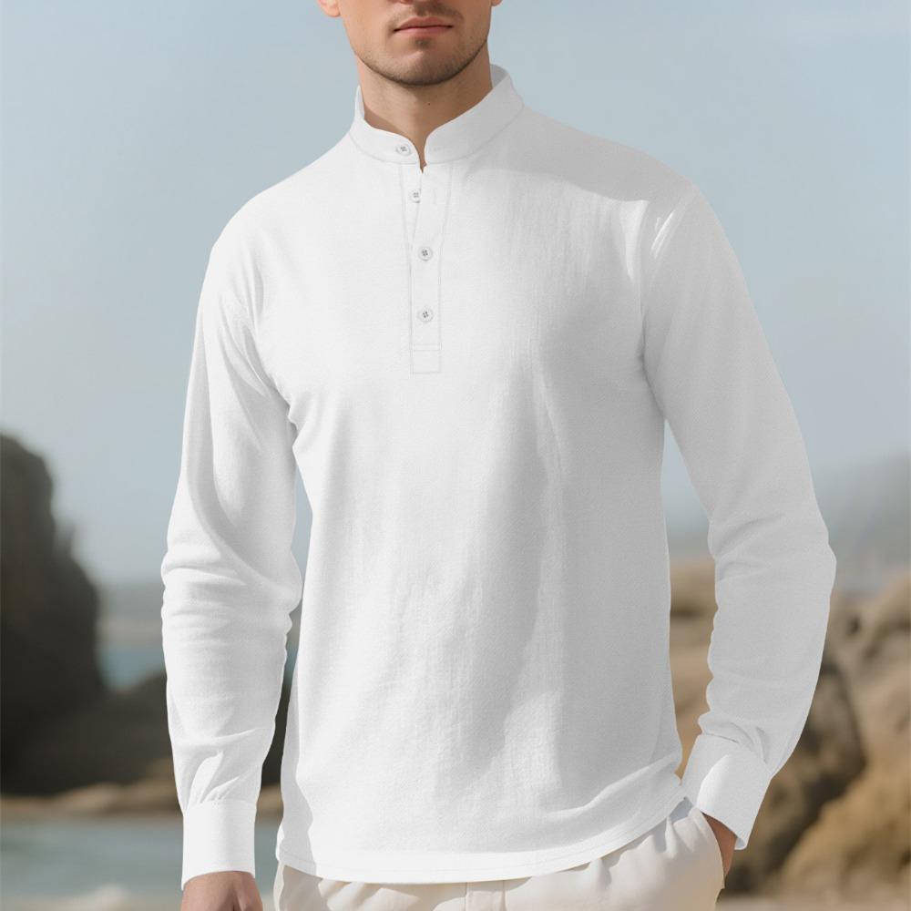 Pánské bavlněné lněné tričko s dlouhým rukávem Tenký volný top Retro Vintage Módní městské oblečení Stojatý střih Mládežnická velikost