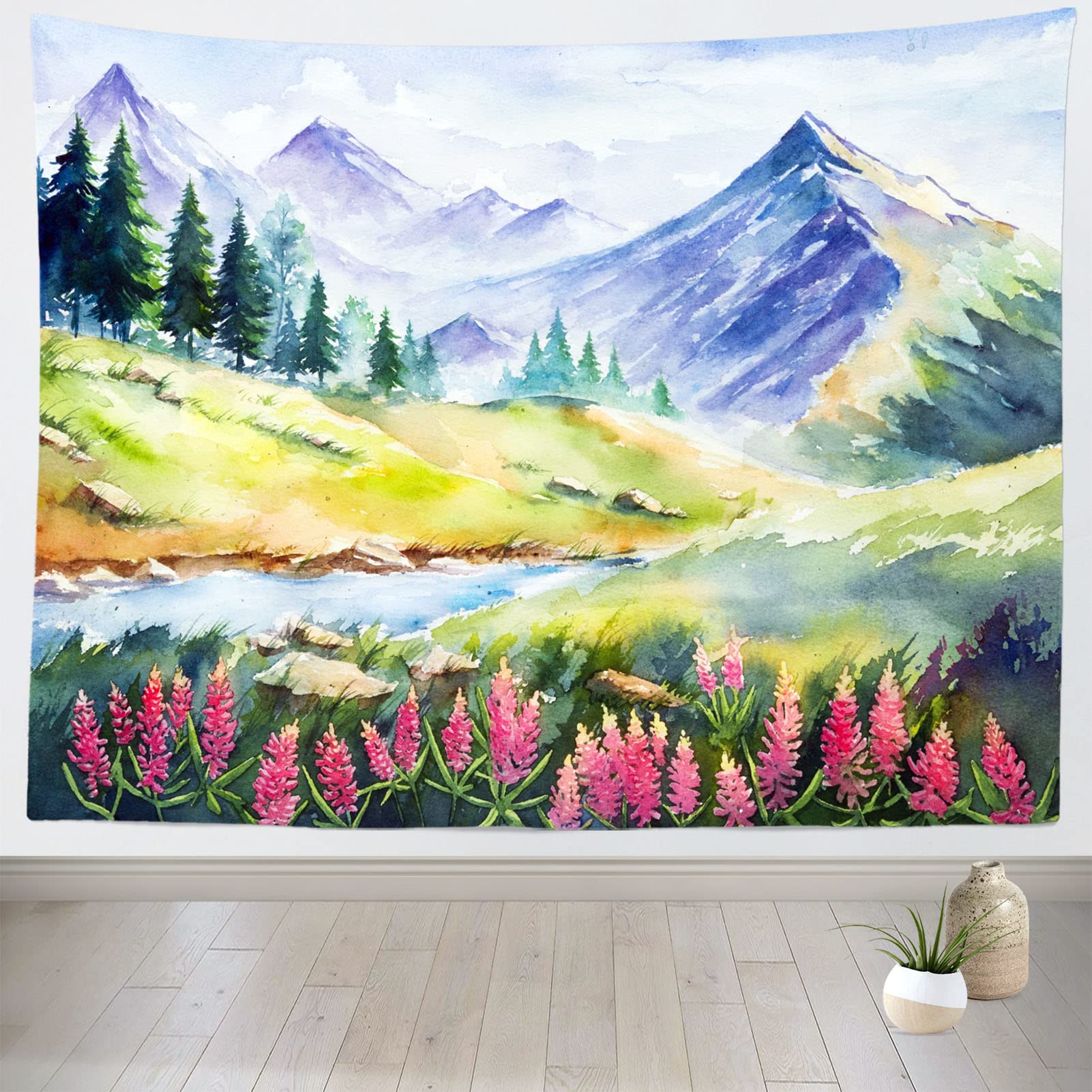 Mountain Watercolor Tapestry Spring Scenery Wall Tapestry Mountain Lake Forest Tapestries Nature Wall Art For Home Office Dorm 70x100CM