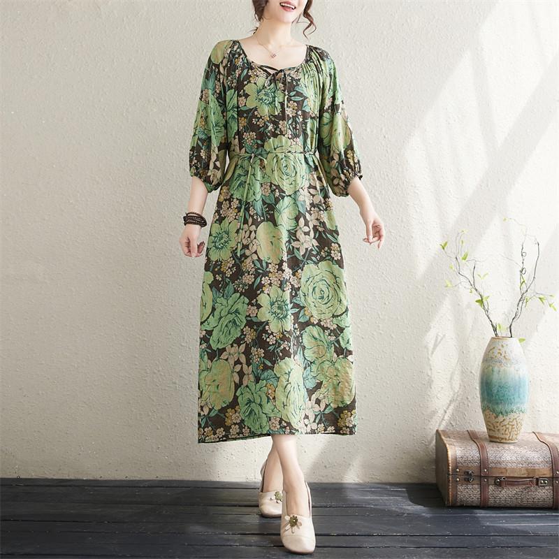 Krátký rukáv Plus size Bavlněné vintage květinové nové šaty pro ženy ležérní volné dlouhé letní šaty