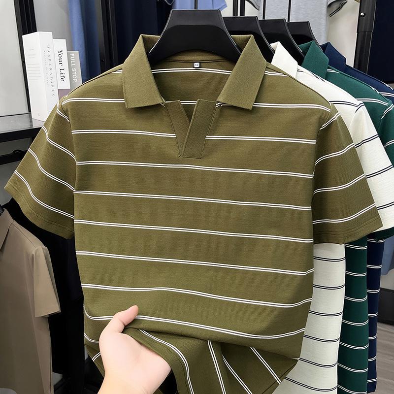 2026 Seagull Collar Striped Polo Shirt for Men - Short Sleeve Summer Lapel Tee for Dad