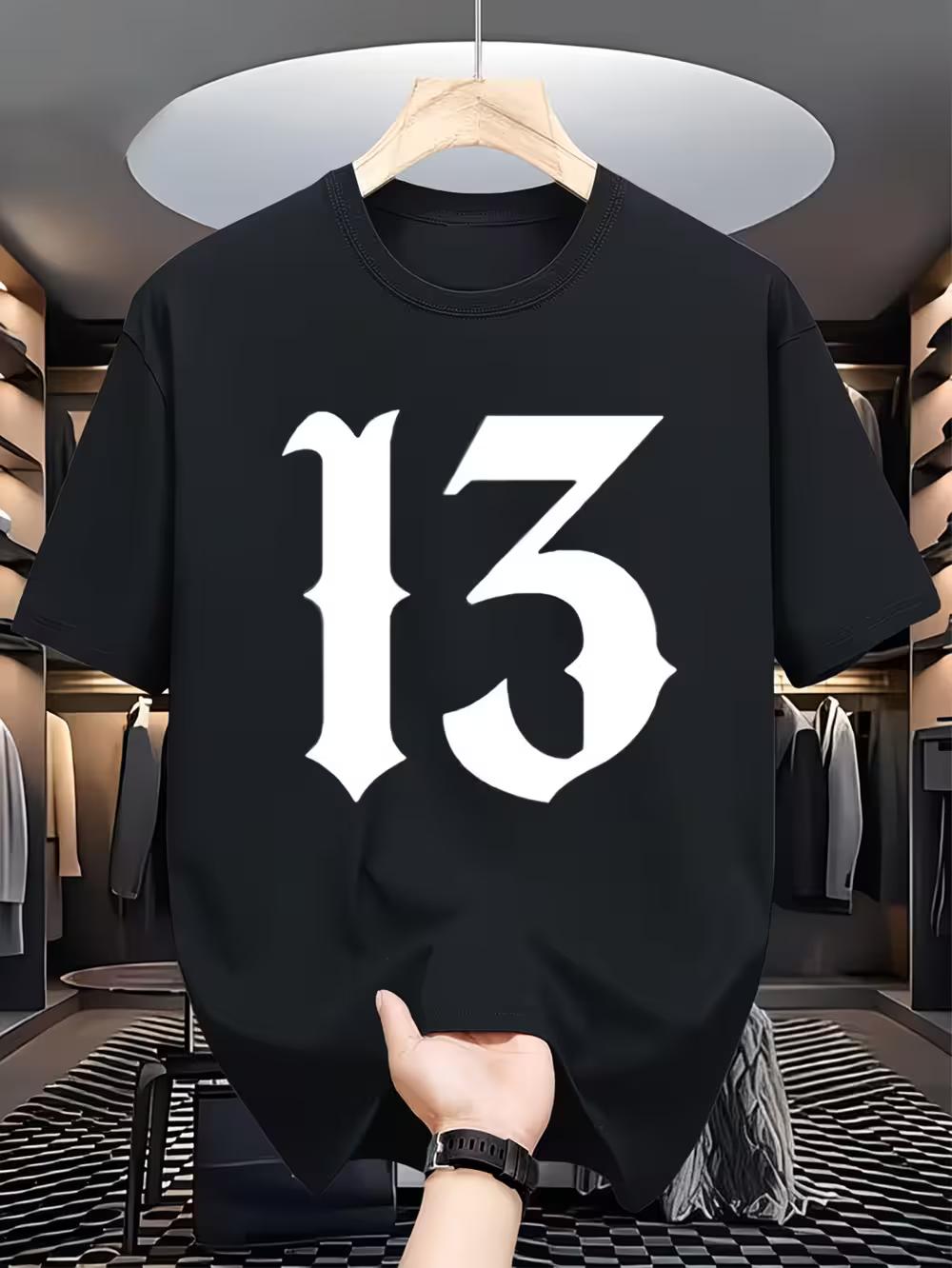 Men s Bold 13 Number Print T-Shirt - Black & White Contrast Short Sleeve S