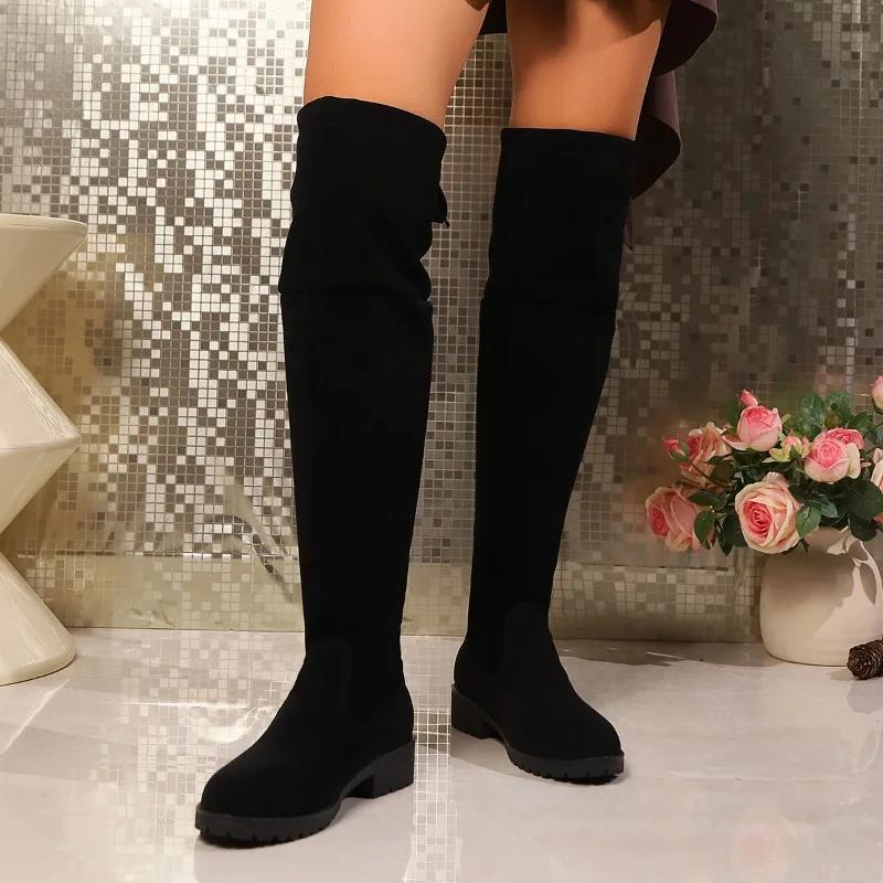 Fashion 2024 Winter High Quality Women's Boots New Fashion Round Toe Solid Color Square Heel Suede Lace Up Women's High Fashion Boots