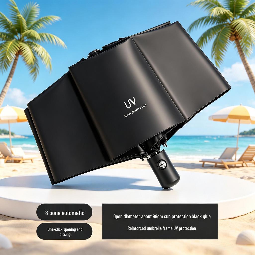 Automatic UV Protection Windproof Umbrella with 168 Reinforced Ribs & Wooden Handle for Sunny/Rainy Days