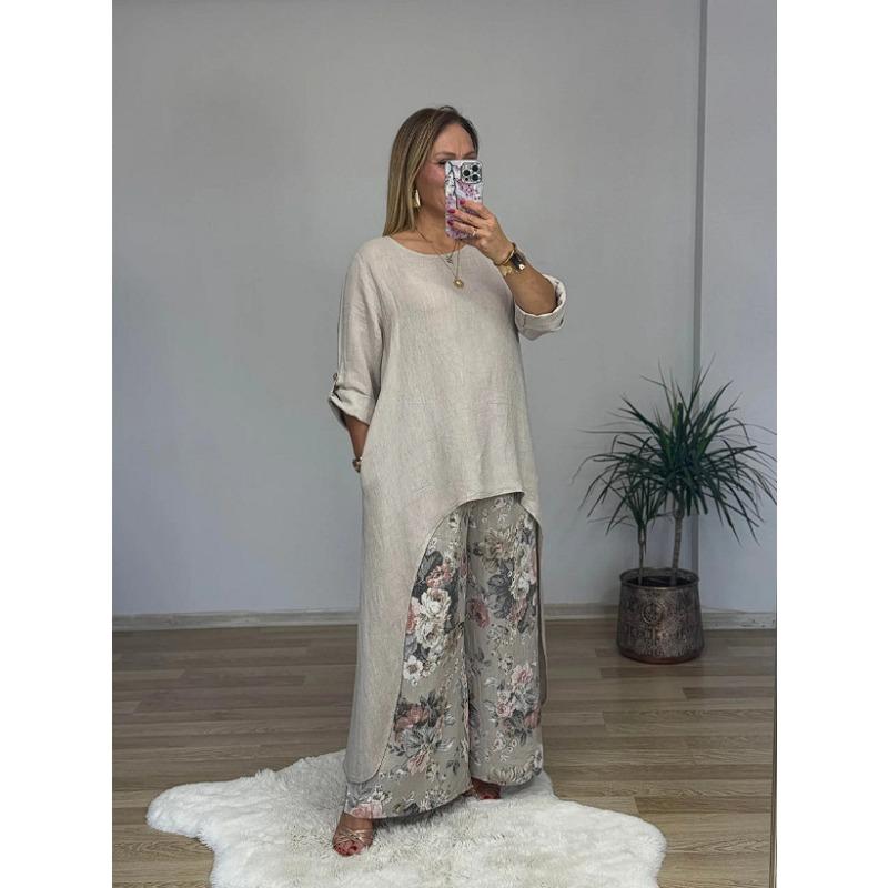 

Женская Мода Повседневный Весенний Осенний Цветочный Принт Длинный Рукав Круглый Вырез Брюки Костюмы XXXL бежевый