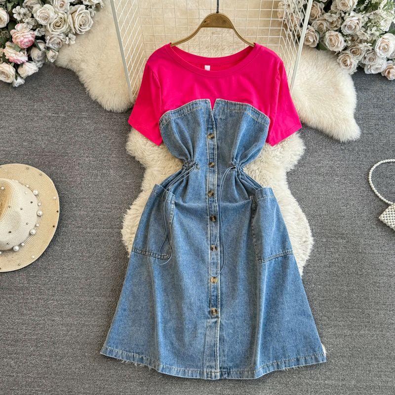 

Summer Casual Denim Drawstring Dress Fake Two-Piece Rose Red All yards