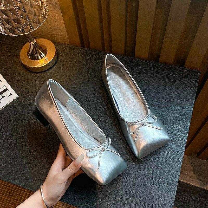 Fashion Super Shiny Square Toe Mary Jane Women'S Shoes 2025 Bow Silver Single Shoes Women'S Flat Versatile Single Shoes