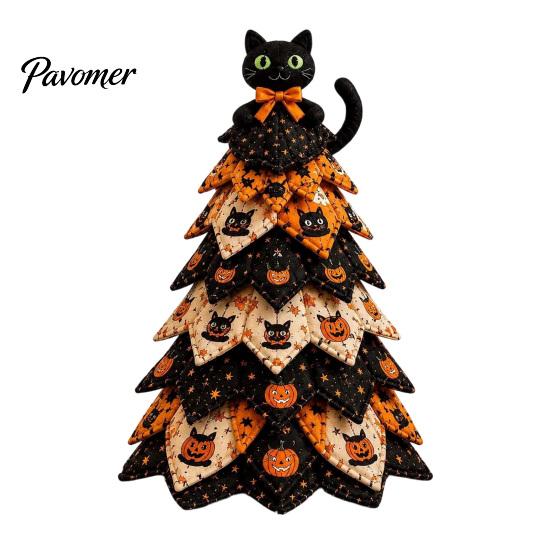 Halloween Theme Interior Decor Wooden Tree Ornament, 2D Flat Quilted Fabric Style Desktop Double Table Decorations Side Wood Sign for Home Party