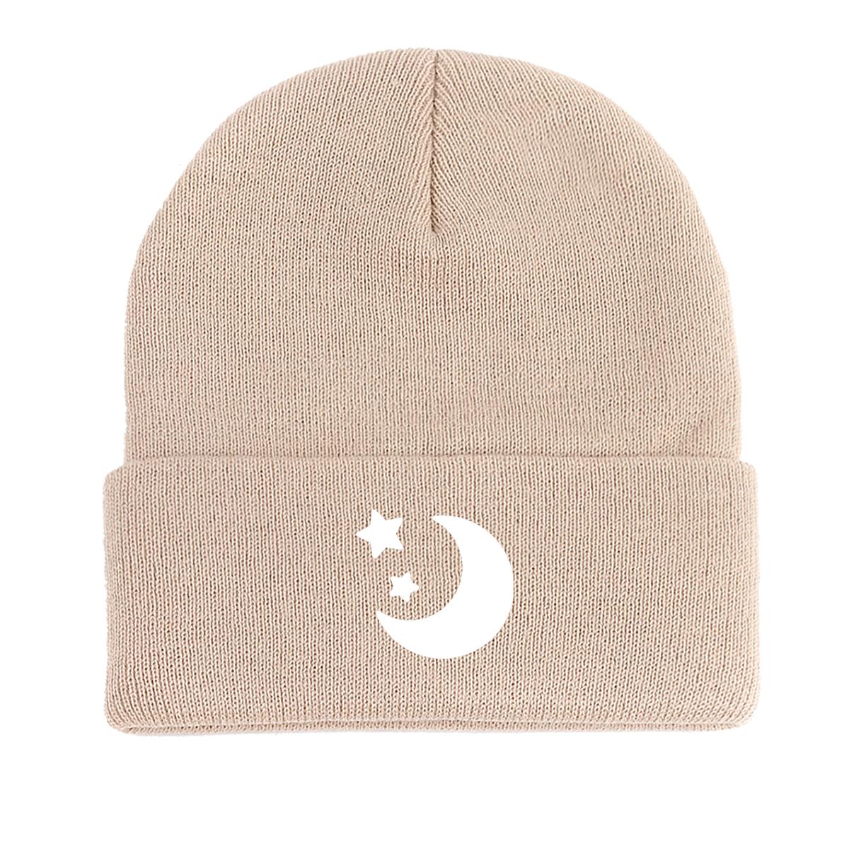 

Белая луна звезды зимняя вязаная шапка шапка, шапка с черепом уютная манжета простые шапки с помпоном вязаная шапка шапка as the picture бежевый