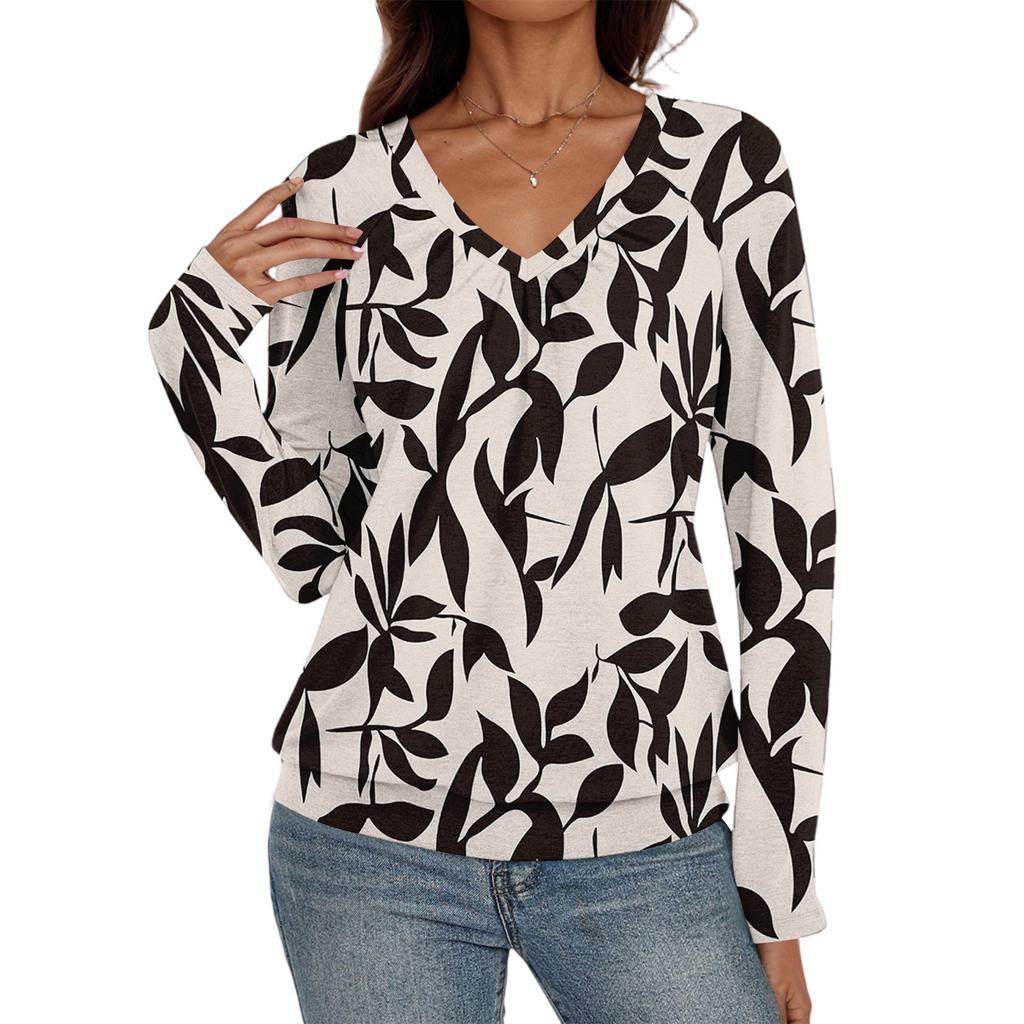 Top Casual de Moda para Mujer con Cuello en V, Manga Larga Raglán Plisada con Estampado Floral