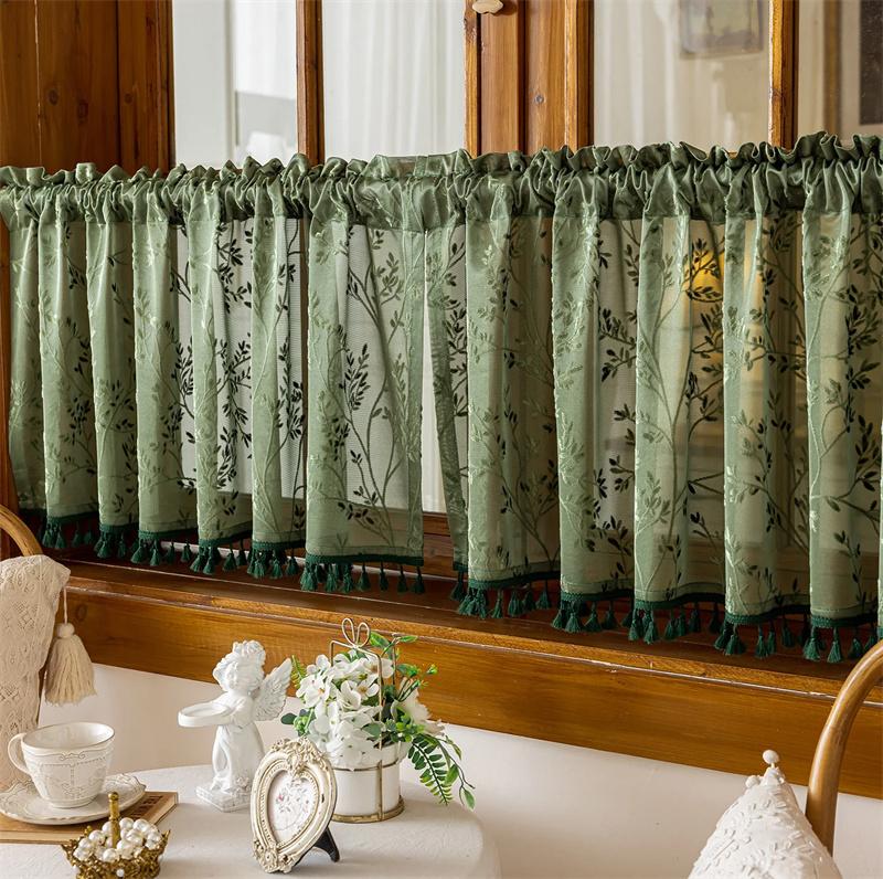 1Pc Green Short Sheer Curtain for Living Room and Bedroom Decoration, Personalized Home Decorative Rod-Pole Sheer Curtain