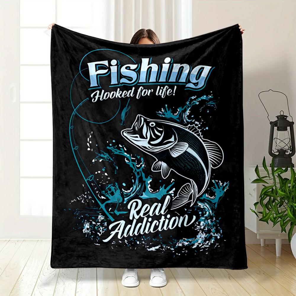 Fishing Design with Bass and "Real Addiction" Text, Flannel blanket for bedroom, living room, sofa, and nap sofas.