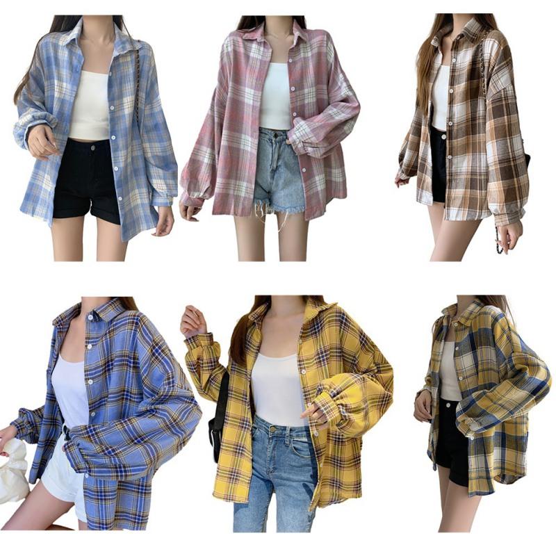 Women Summer Long Loose Shirt Falling Shoulder Long Sleeve Lapel Plaid Shirt