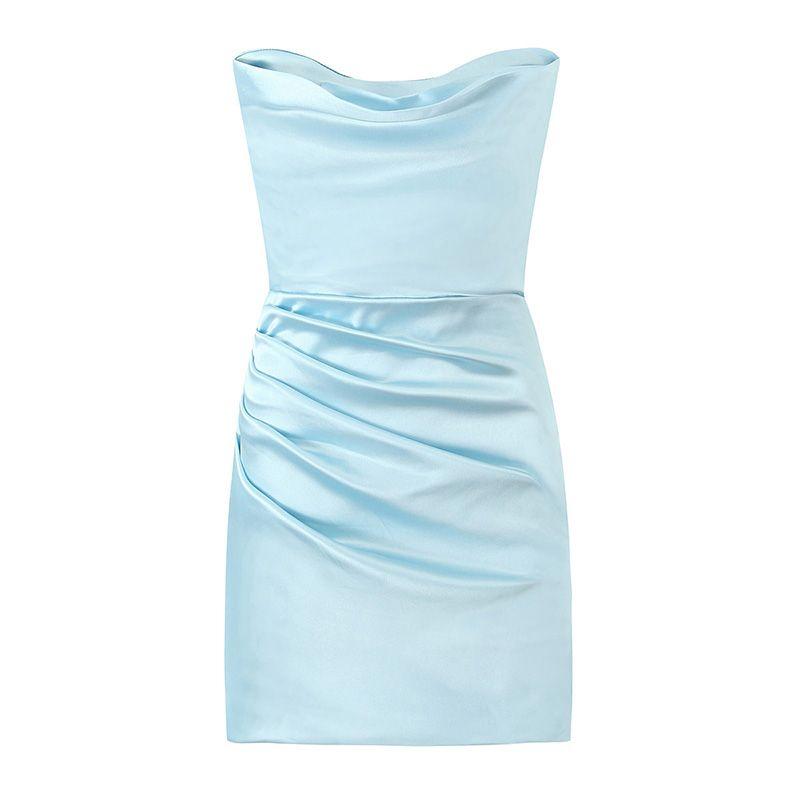 

House of the Same Style Super Figure Pure Desire Fancy Satin Ice Blue Ruched Swing Collar Tube Top Short Type Dress Ice Blue S