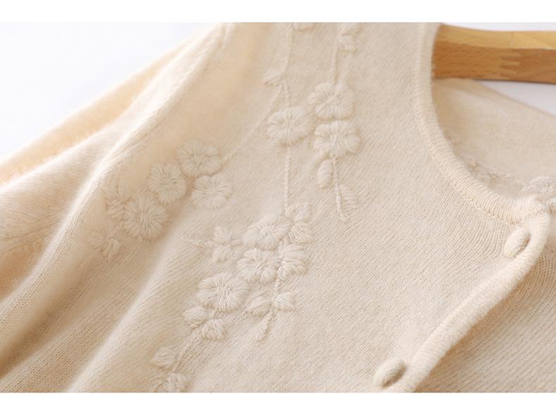 Women's 3D Embroidered Floral Wool Cardigan with Round Neck - Early Autumn Design