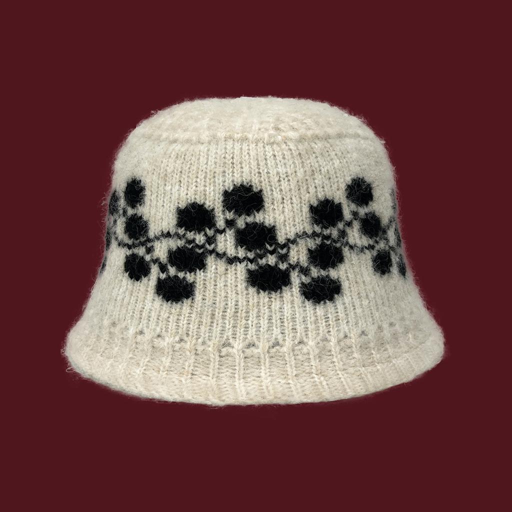 Retro Style Jacquard Knitted Bucket Hat Women's 2025 New Plush Hat, Ear Protection and Face Small Pullover Hat