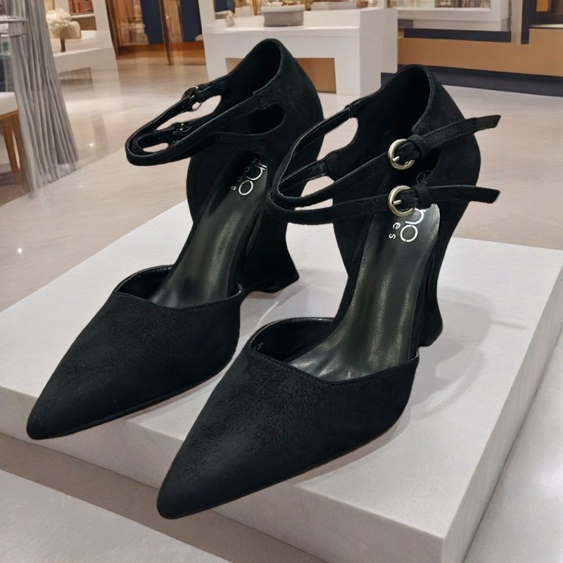 

Fashion FHC 2025 Spring New Flock Wedges High Heels,Women Pumps,Side Shallow Out Sandals,,Pointed Toe,Ankle Buckle Straps,Black,Dropship 36 чёрный