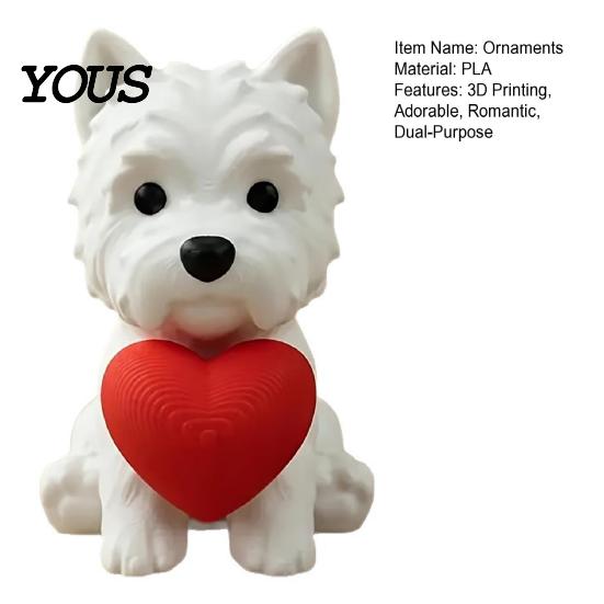 Office Desk Pet Decor 3D Printed West Highland Terrier Figurine, Cute Dog Statue Holding Red Heart, Small Sculpture Car Dashboard Decor,