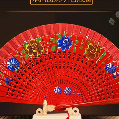 Red Cheongsam Performance Folding Fan - Ancient Style, Solid Wood, Double-Sided, Smooth Open/Close for Catwalk & Dance.