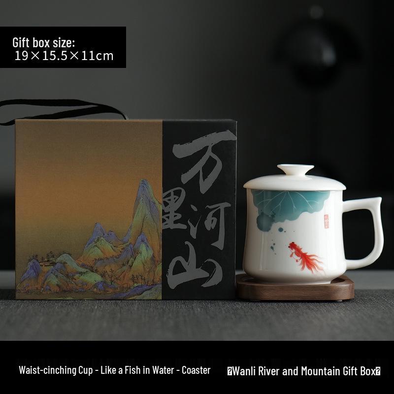 Jade Conference Sheep Fat Porcelain Tea Cup with Lid – White Ceramic Mug for Home and Office, Ideal Gift