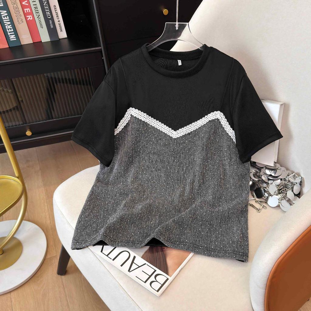 2026 Summer Women's Casual Sequin Patchwork Round Neck T-shirt