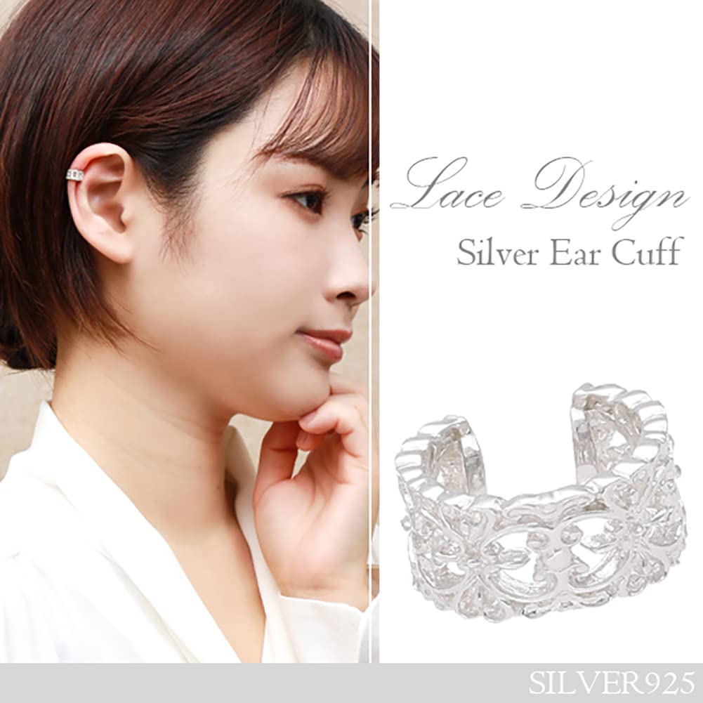 Shinjuku Gin No Kura Openwork Lace Pattern Silver 925 Ear Cuff (Single Ear) for Women, Non-Pierced Earrings