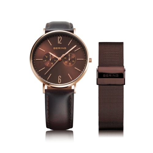 

BERING Men s & Women s (Unisex) Watch, Japan Exclusive, Brown Calf Leather & Brown Stainless Steel with Two Mesh Straps, Rose Gold Sapphire Crystal, C
