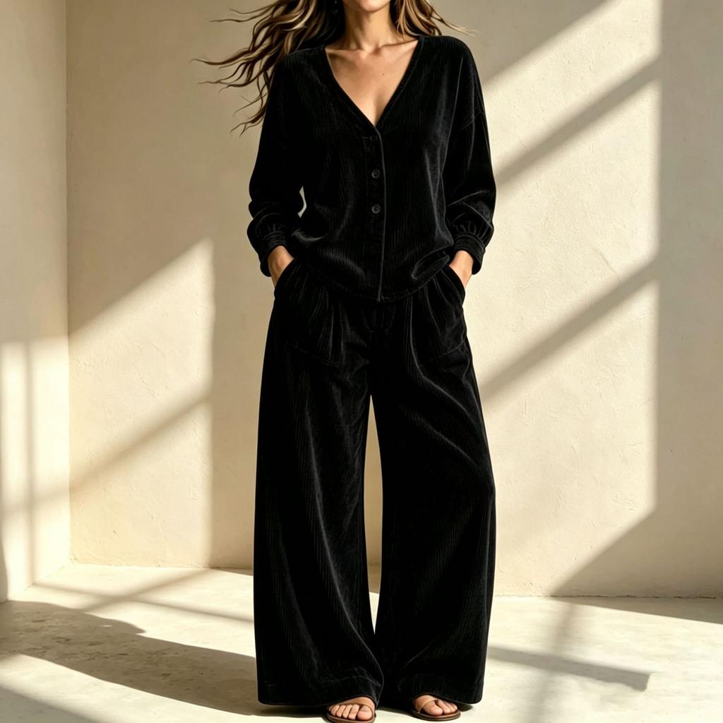 Women'S 2 Piece Ribbed Corduroy Clothes Sets V Neck Button Down Top And Wide Leg Pants Casual Loungewear Tracksuit