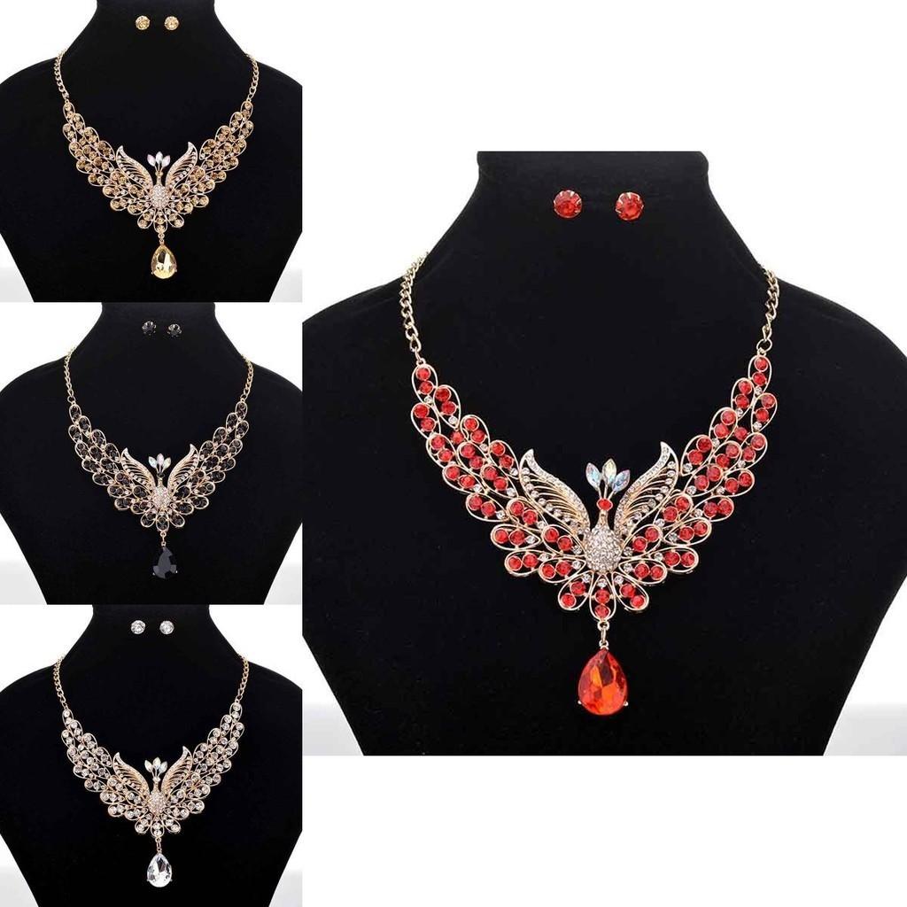 Exquisite Retro Peacock Necklace With Colorful Ear Studs Rhinestone Jewelry Set