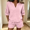 Lässiges Damen Zweiteiler Set in Farbe, V-Ausschnitt Oberteil mit Dreiviertelärmel und Shorts mit elastischem Bund und Taschen